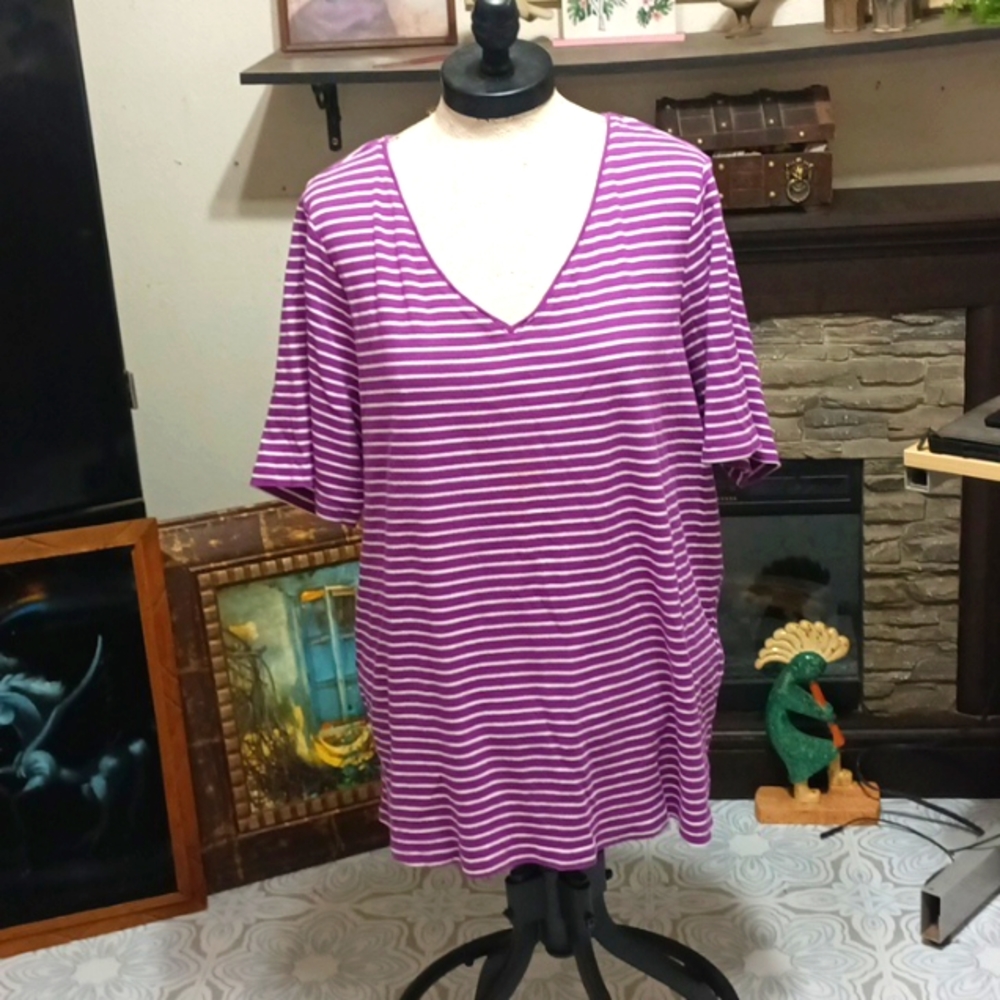 Womens Tshirt Top Short Sleeve LANE BRYANT 22/24 purples and white striped b6